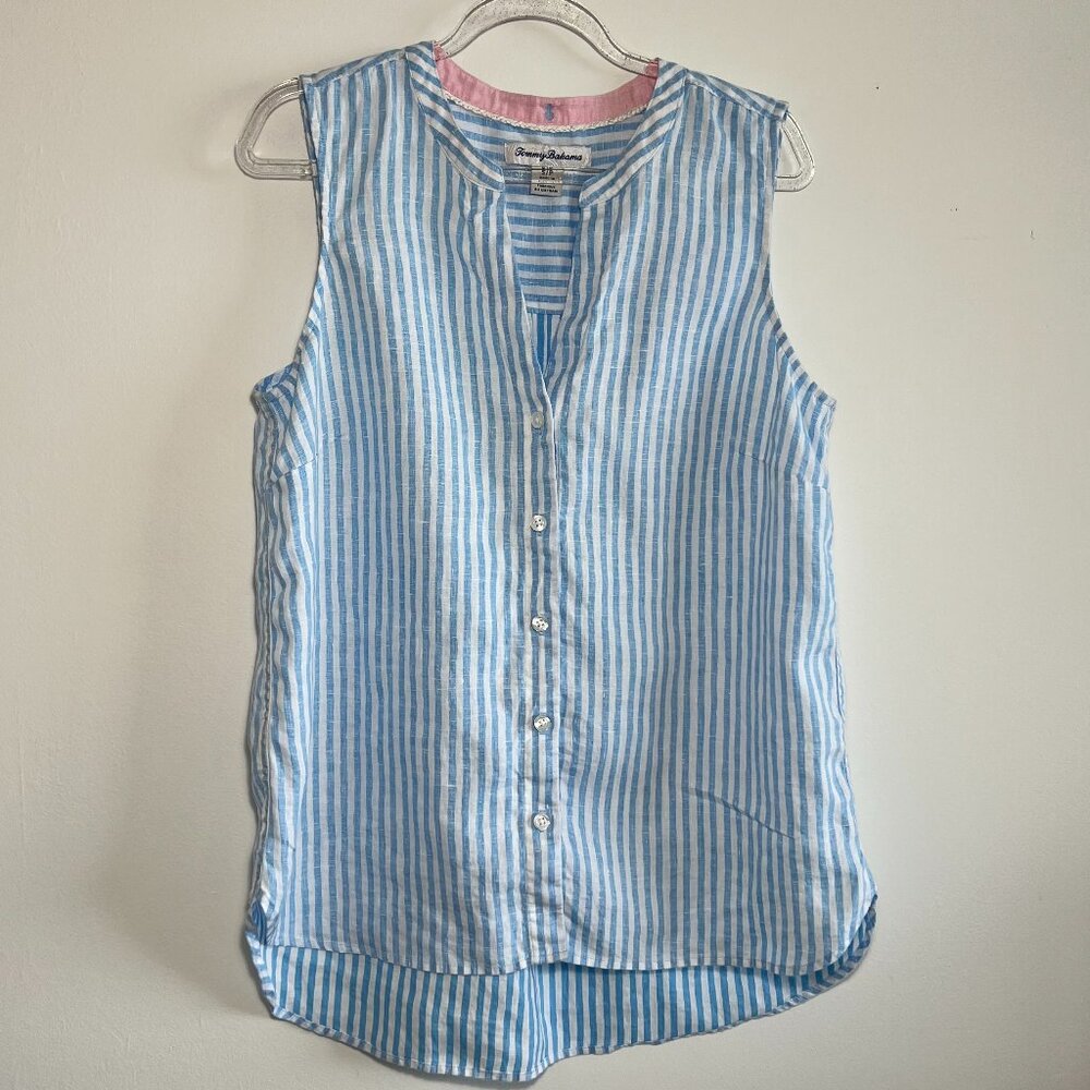 Tommy Bahama Women's Linen Sleeveless, Blue/white stripe, button down, Size SP